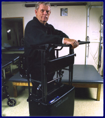 Model 1501 standing frame uses an electric lift generated by a 12 � volt battery to gradually lift the user into a standing position.  The lift is operated by a toggle switch which can be mounted on either side of the unit and includes a convenient on board charger.